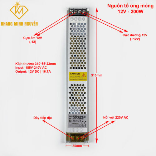 Nguồn tổ ong 200W - 12V - 16,7A loại mỏng