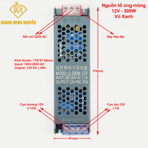 Nguồn tổ ong mỏng 12V-25A-300W - 12V-33A-400W vỏ xanh
