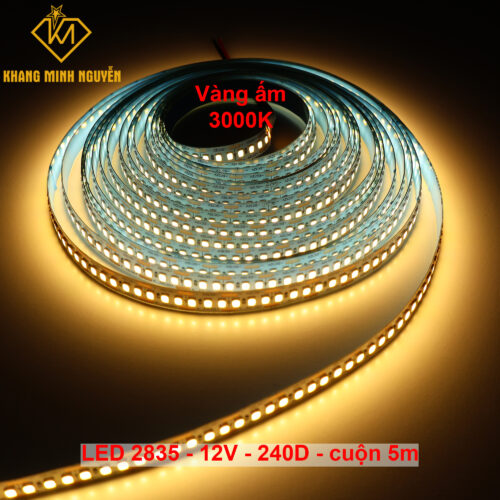 240 Led/mét - Đèn LED dây 2835 12V cuộn 5m - siêu sáng vàng (3000k)
