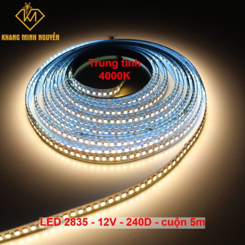 240 Led/mét - Đèn LED dây 2835 12V cuộn 5m - siêu sáng trung tính (4000k)