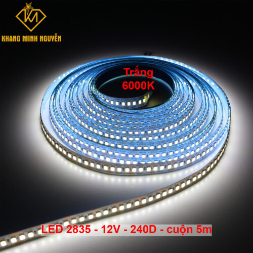 240 Led/mét - Đèn LED dây 2835 12V cuộn 5m - siêu sáng trắng (6000k)