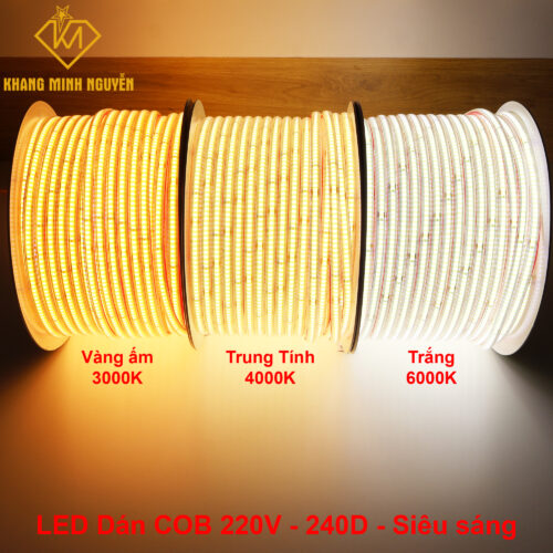 LED dây dán COB 220V - 240D, Trắng - Trung tính - Vàng ấm, cuộn dài tối đa 100m